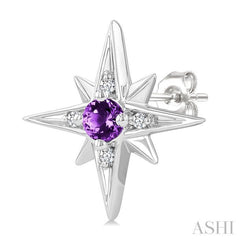 3 MM Round Cut Amethyst and 1/20 Ctw Round Cut Diamond Semi-Precious Fashion Earrings in Sterling Silver