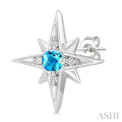 3 MM Round Cut Blue Topaz and 1/20 Ctw Round Cut Diamond Semi-Precious Fashion Earrings in Sterling Silver