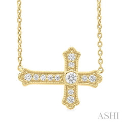 1/8 Ctw Round Cut Diamond Sideway Cross Pendant with Chain in 10K Yellow Gold