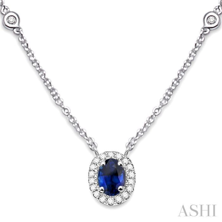 6x4 MM Oval Cut Sapphire and 1/6 Ctw Round Cut Diamond Necklace in 14K White Gold