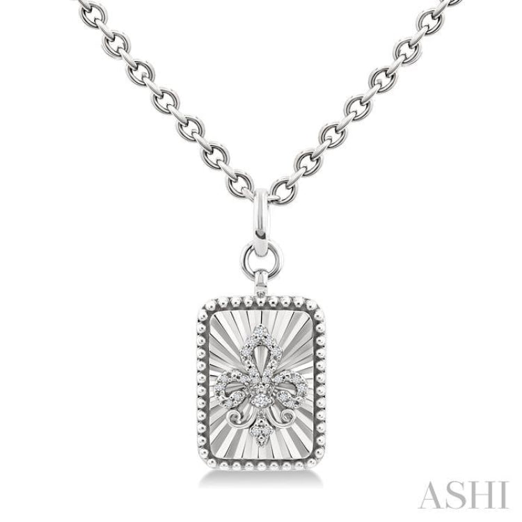 1/10 Ctw Rectangle fluted medallion Single Cut Diamond Fleur-De-Lis Pendant With Chain in Sterling Silver