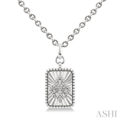 1/10 Ctw Rectangle fluted medallion Single Cut Diamond Fleur-De-Lis Pendant With Chain in Sterling Silver