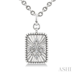1/10 Ctw Rectangle fluted medallion Single Cut Diamond Fleur-De-Lis Pendant With Chain in Sterling Silver