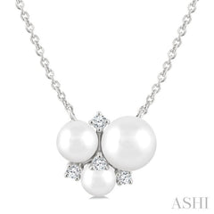 4 MM, 5 MM & 6 MM Cultured Pearl and 1/20 Ctw Round Cut Diamond Fashion Pendant With Chain in 10K White Gold
