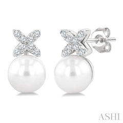 6 MM Cultured Pearl and 1/10 Ctw Round Cut Diamond Floral Fashion Earrings in 14K White Gold