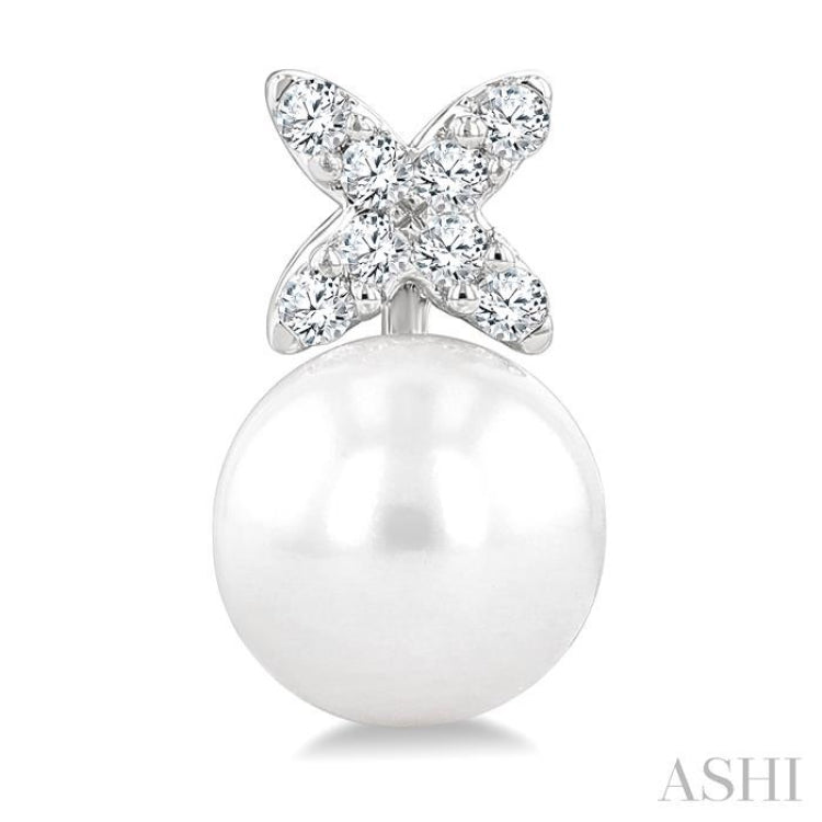 6 MM Cultured Pearl and 1/10 Ctw Round Cut Diamond Floral Fashion Earrings in 14K White Gold