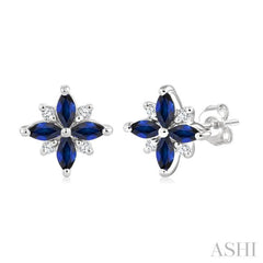 4X2 MM Marquise Shape Sapphire and 1/10 Ctw Round Cut Diamond Blossom Earrings in 10K White Gold