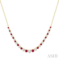 1.7 MM - 3 MM Round Shape Ruby and 3/4 Ctw Round Cut Diamond Precious Riviera Necklace in 14K Yellow Gold