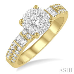 7/8 ctw Round and Baguette Diamond Lovebright Engagement Ring in 14K Yellow and White gold
