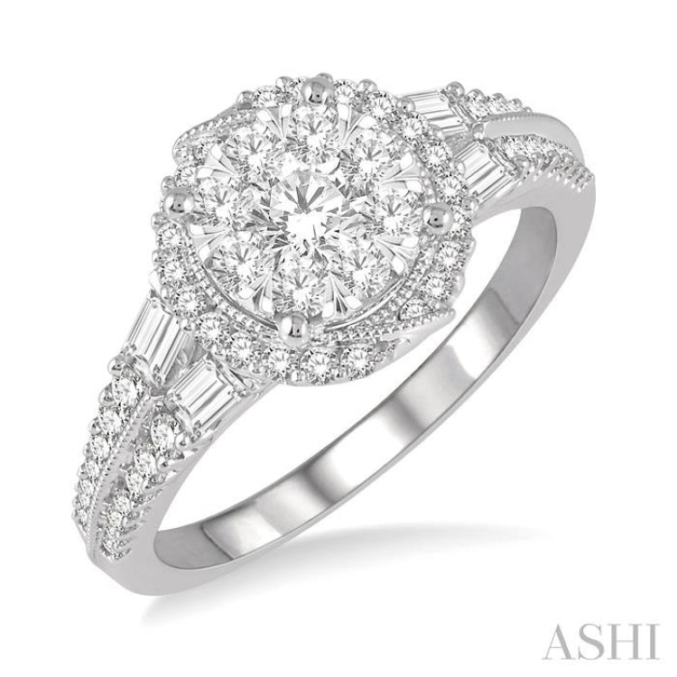 1 ctw Round and Baguette Diamond Lovebright Engagement Ring in 14K White Gold
