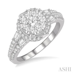 1 ctw Round and Baguette Diamond Lovebright Engagement Ring in 14K White Gold