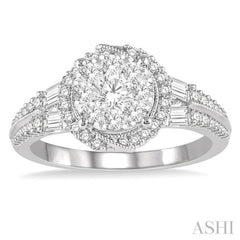 1 ctw Round and Baguette Diamond Lovebright Engagement Ring in 14K White Gold