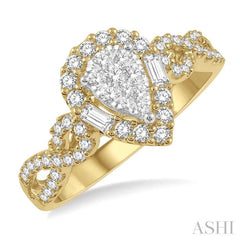1/2 ctw Pear Shape Bow Shank Lovebright Round and Baguette Diamond Ring in 14K Yellow and White gold