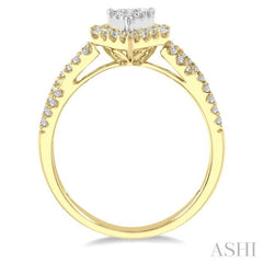 1/2 ctw Pear Shape Bow Shank Lovebright Round and Baguette Diamond Ring in 14K Yellow and White gold