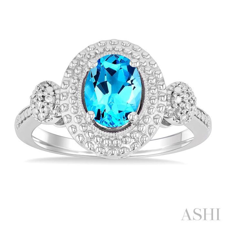 1/20 Ctw Oval Cut 8X6 MM Blue Topaz and Round Cut Diamond Semi-Precious Ring in Sterling Silver