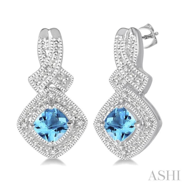 4x4 MM Cushion Shape Blue Topaz and 1/50 Ctw Round Cut Diamond Sterling Silver Earrings