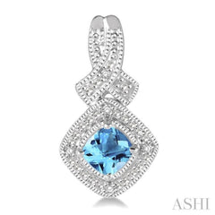 4x4 MM Cushion Shape Blue Topaz and 1/50 Ctw Round Cut Diamond Sterling Silver Earrings