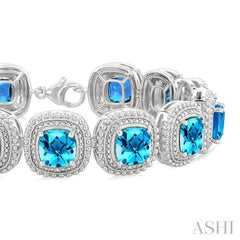 7 MM Oval Shape Blue Topaz and 1/10 Ctw Round Cut Diamond Semi-Precious Bracelet in Sterling Silver