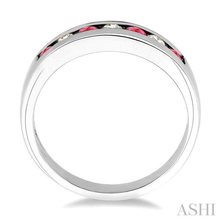2.5 MM Round Cut Ruby and 1/5 Ctw Channel Set Round Cut Diamond Band in 14K White Gold