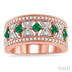 2.4 & 2.5 MM princess Cut Emerald and 1/2 Ctw Round Cut Diamond Precious Band in 14K Rose and White Gold