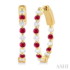 2 MM Round Cut Ruby and 1/2 Ctw Round Cut Diamond Precious Inside-Out Alternating Hoop Earrings in 14K Yellow Gold
