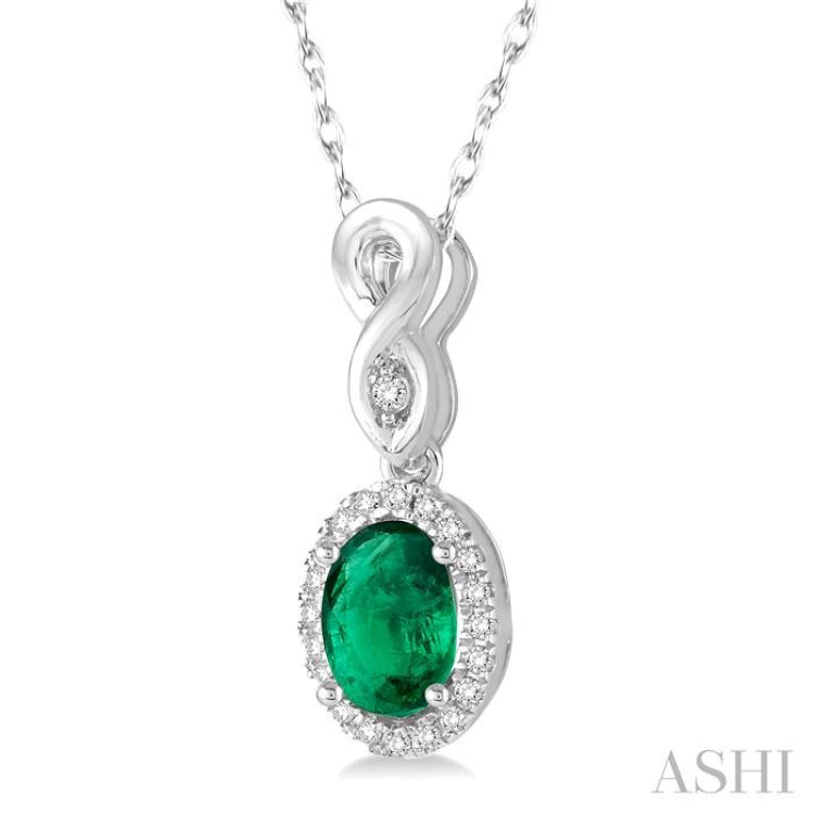 6x4 MM Oval Cut Emerald and 1/10 Ctw Round Cut Diamond Pendant in 14K White Gold with Chain