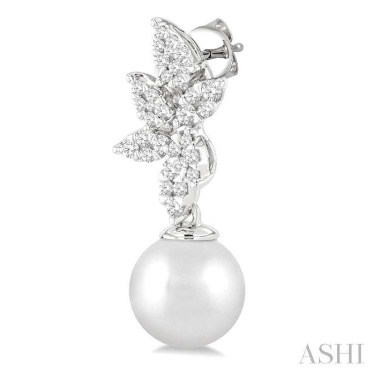 8 MM Cultured Pearl and 3/8 Ctw Round Cut Diamond Lovebright Fashion Earrings in 14K White Gold