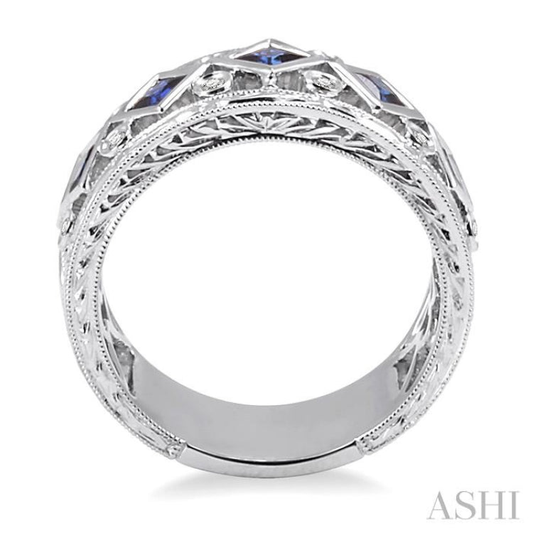 3x3 MM Princess Cut Sapphire and 1/4 Ctw Round Cut Diamond Precious Fashion Band in 14K White Gold