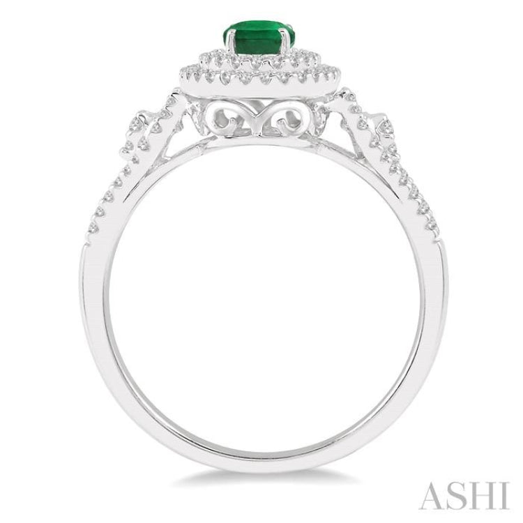 6x4 MM Oval Shape Emerald and 1/3 Ctw Round Cut Diamond Precious Ring in 14K White Gold