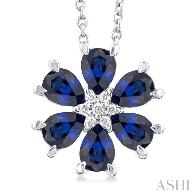 4X3 MM Floral Pear Cut Sapphire and 1/50 Ctw Round Cut Diamond Precious Pendant With Chain in 14K White Gold
