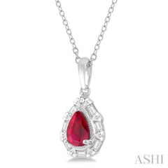 6x4 MM Pear Shape Ruby and 1/5 Ctw Baguette and Round Cut Diamond Precious Pendant With Chain in 14K White Gold
