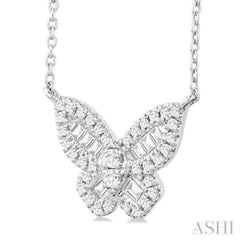 1/3 Ctw Petite Butterfly Baguette and Round Cut Diamond Fashion Pendant With Chain in 10K White Gold