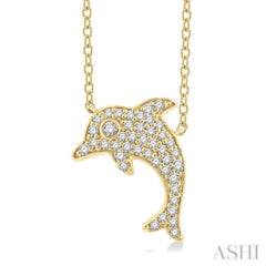 1/6 Ctw Sea Life Petite Dolphin Round Cut Diamond Fashion Pendant With Chain in 10K Yellow Gold