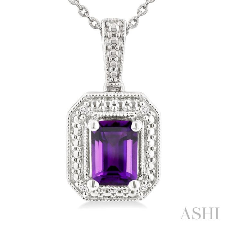 7X5 MM Octagon Shape Amethyst and 1/50 Ctw Single Cut Diamond Semi-precious Pendant With Chain in Sterling Silver