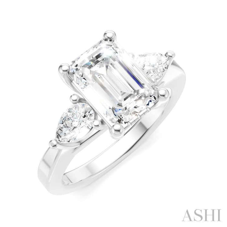 1/2 Ctw Tri-Mount Emerald Shape Center Pear and Round Cut Diamond Semi-Mount Engagement Ring in 14K White Gold