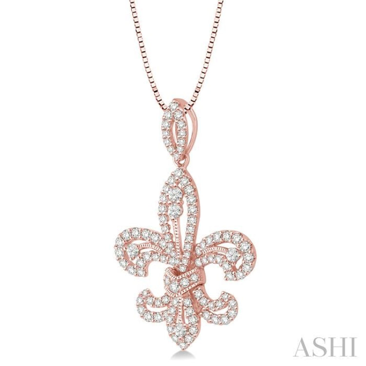 7/8 Ctw Round Cut Diamond Fleur De Lis Diamond Pendant in 14K Rose Gold with Chain