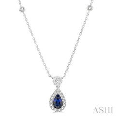6x4 MM Pear Cut Sapphire and 1/3 Ctw Round Cut Diamond Lovebright Precious Necklace in 14K White Gold