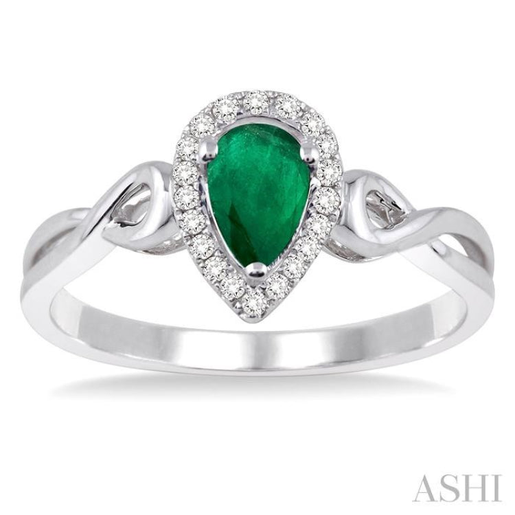 6x4 MM Pear Shape Emerald and 1/10 Ctw Round Cut Diamond Ring in 10K White Gold
