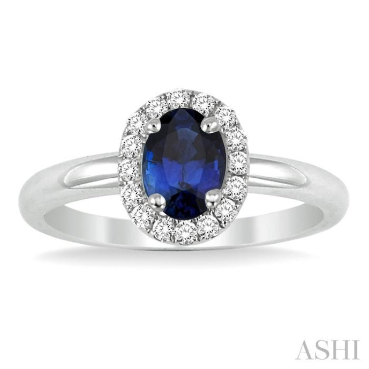 6x4 MM Oval Shape Sapphire and 1/6 Ctw Round Cut Diamond Precious Ring in 14K White Gold