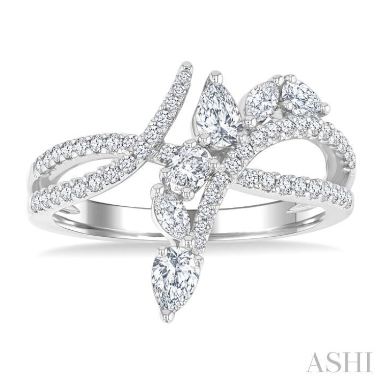 7/8 Ctw Split Bypass Shank Mixed Diamond Cut Fashion Ring in 14K White Gold