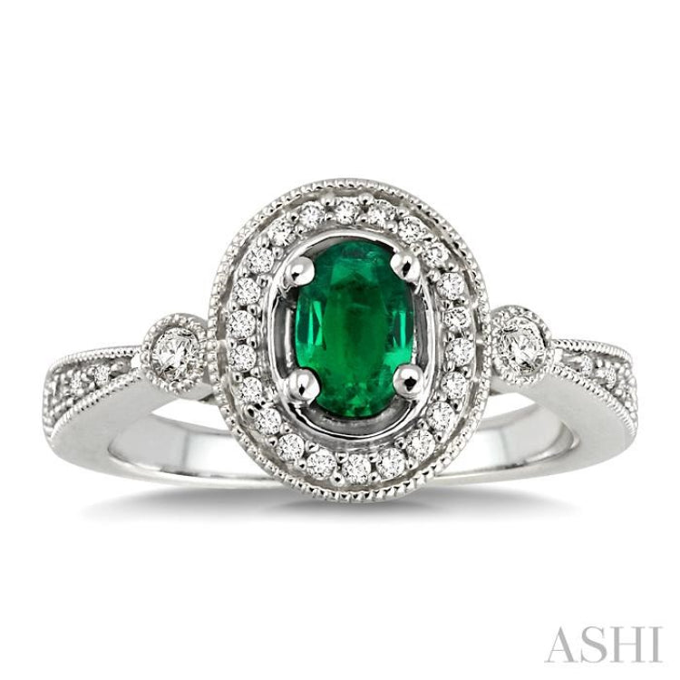 6x4 MM Oval Cut Emerald and 1/5 Ctw Round Cut Diamond Ring in 14K White Gold