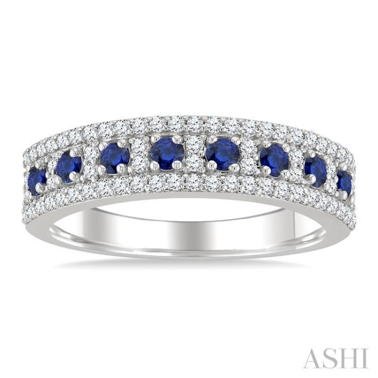 2 MM Round Shape Sapphire and 1/3 Ctw Round Cut Diamond Precious Fashion Band in 14K White Gold