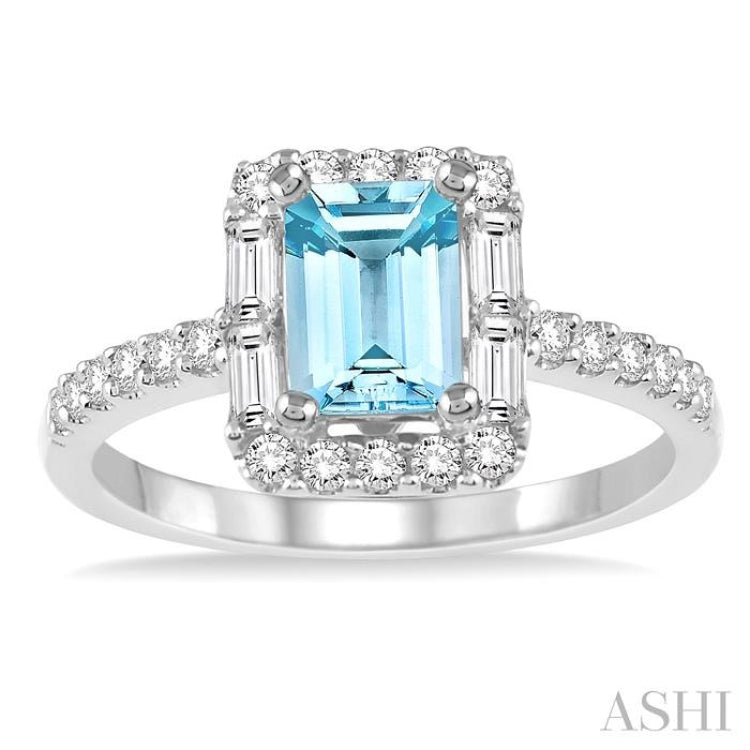 7x5 MM Emerald Cut Aquamarine and 1/2 Ctw Diamond Semi-Precious Ring in 14K White Gold