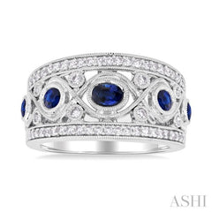 4x3 MM Oval, 2.8 MM and 2.4 MM Round Cut Sapphire and 3/8 Ctw Criss-Cross Framework Single Cut Diamond Precious Band in 14K White Gold
