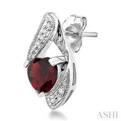 6x6 MM Heart Shape Garnet and 1/20 Ctw Single Cut Diamond Semi-Precious Earrings in 14K White Gold