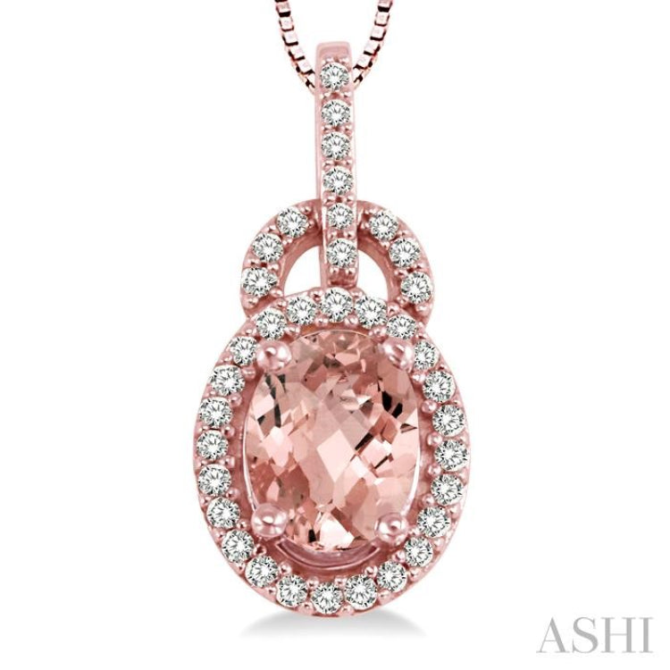 8x6 MM Oval Cut Morganite and 1/4 Ctw Round Cut Diamond Pendant in 14K Rose Gold with Chain