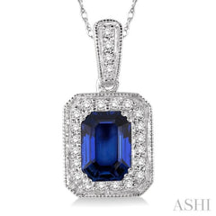 6x4 MM Emerald Shape Sapphire and 1/5 Ctw Round Cut Diamond Pendant in 14K White Gold with Chain
