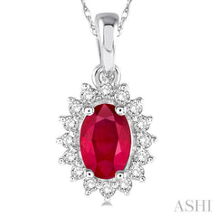 6x4 MM Oval Cut Ruby and 1/8 Ctw Round Cut Diamond Center Sunflower Precious Pendant in 10K White Gold with chain