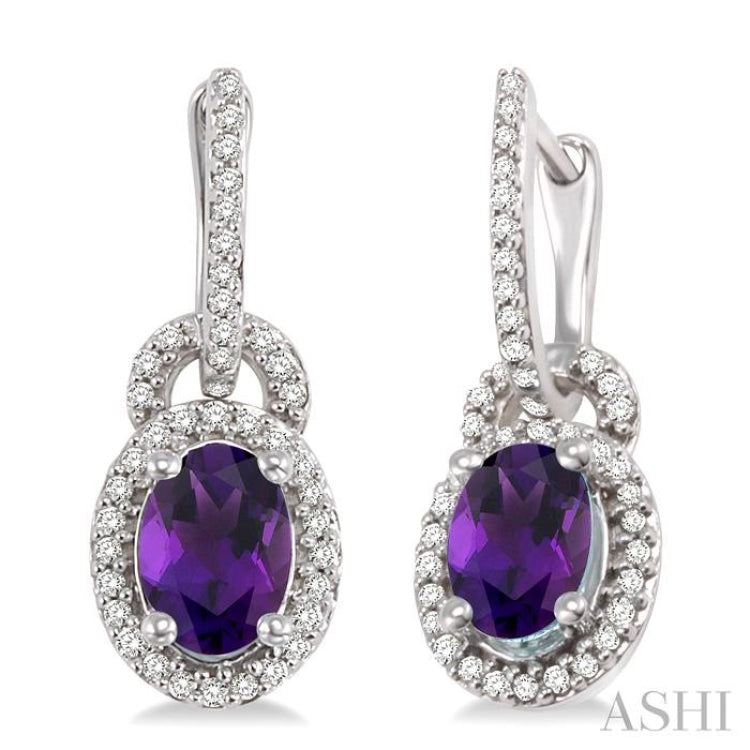 7x5 MM Oval Cut Amethyst and 1/3 Ctw Round Cut Diamond Earrings in 14K White Gold