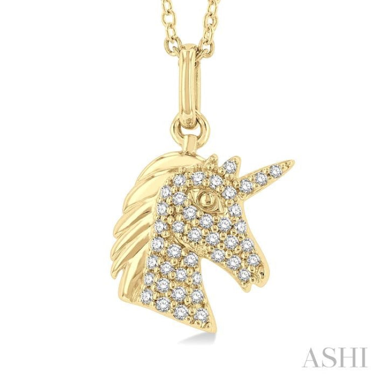 1/6 Ctw Petite Unicorn Head Round Cut Diamond Fashion Pendant With Chain in 10K Yellow Gold